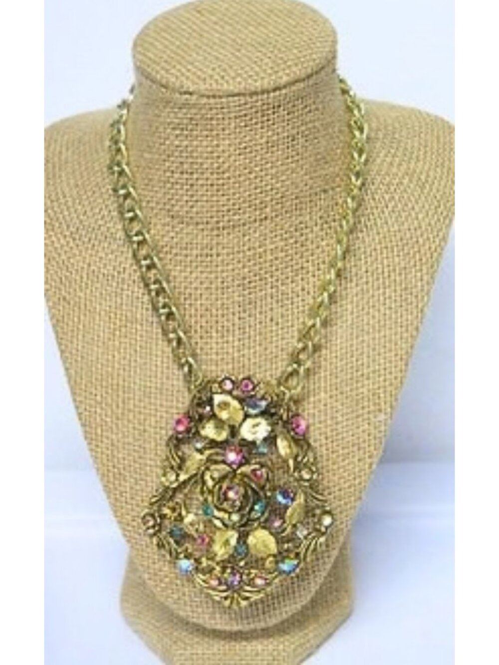 Gold Tone Multicolor Rhinestone Flower Pendant Statement Necklace